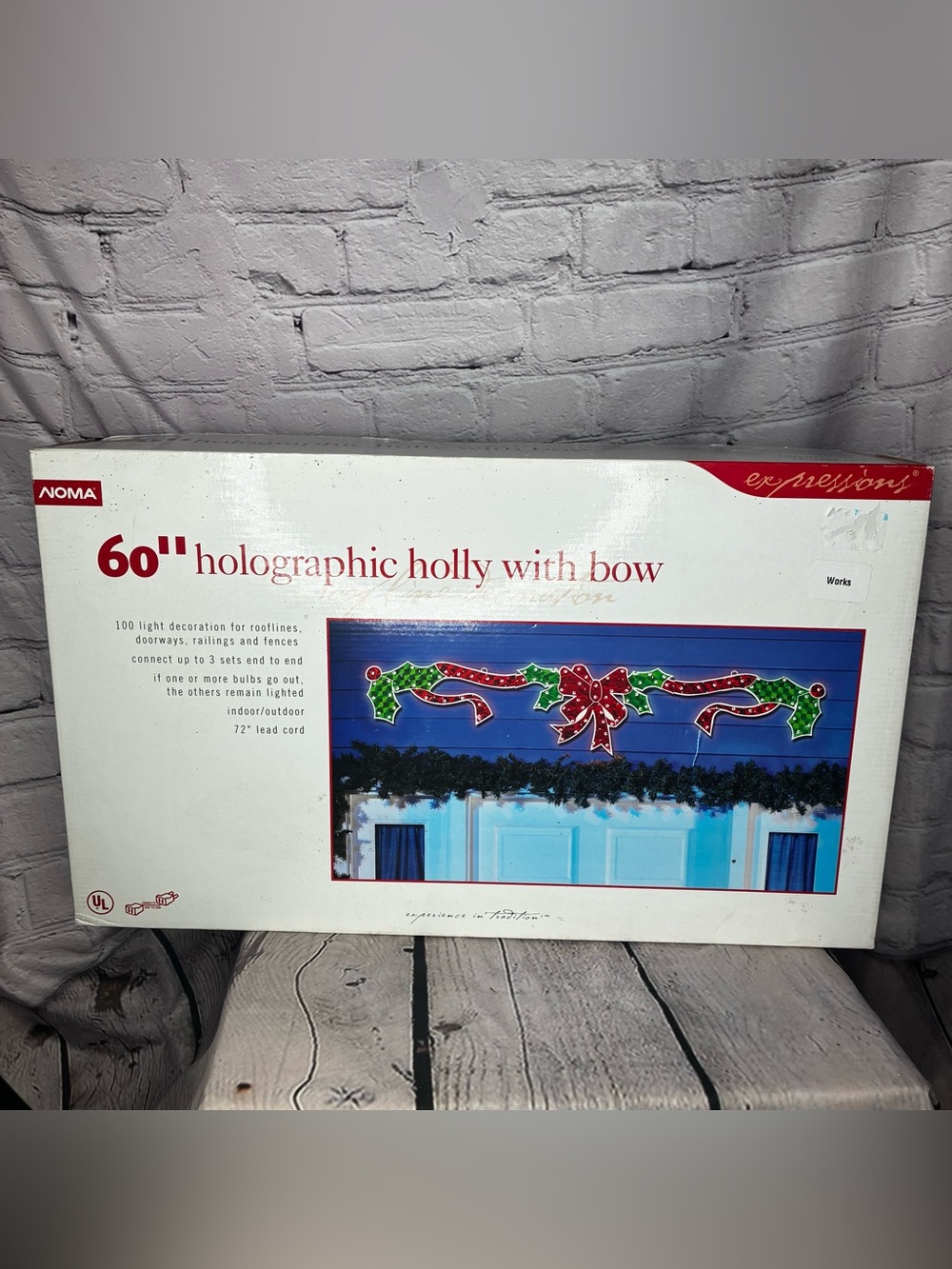 Vtg 90s Christmas NOMA Expressions 60" Holographic Holly with Bow Lights USED